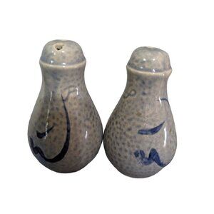 Vintage Stoneware Blue and Gray Salt Glazed Salt and Pepper Shakers 3"-Blue Bird